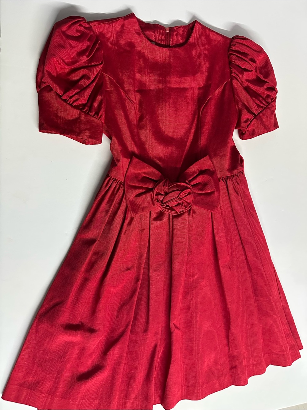 Vintage Jessica McClintock Red Puff Sleeve Flower Waist Dress - size 10